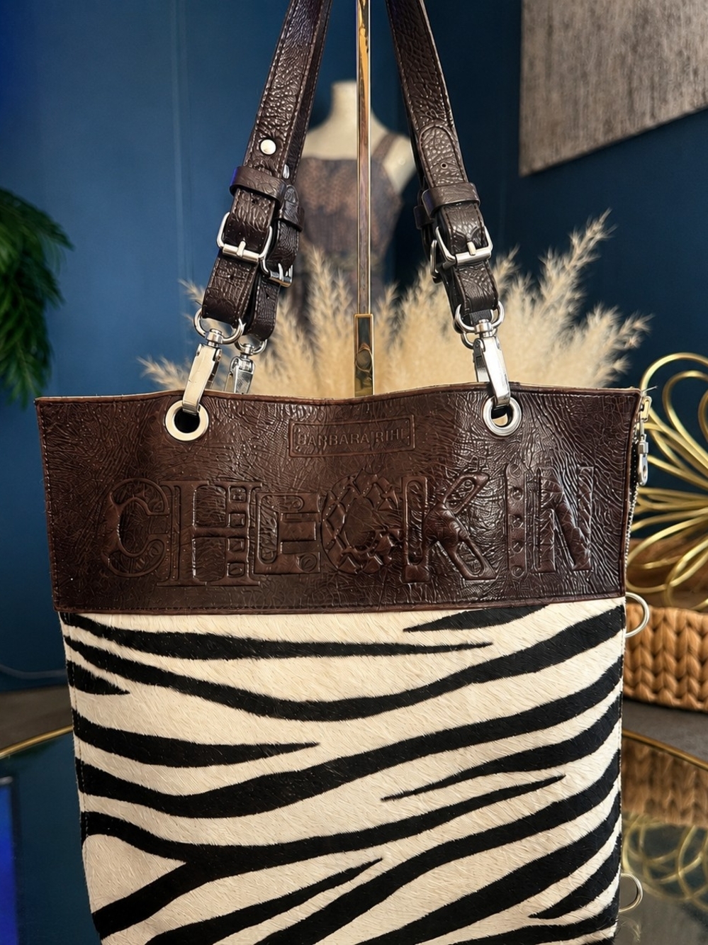 Barbara Rihl Paris RARE CHECK IN Zebra Haircalf Leather Large Tote Shoulder Bag